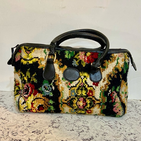 Vintage, Jana, Black, Floral, Hand Made Tapestry Handbag 13in L x 10in H x 4in W - Picture 8 of 12